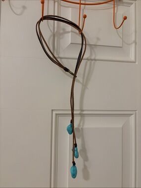 Boho Brown Leather Lariat Necklace with Turquoise Beads